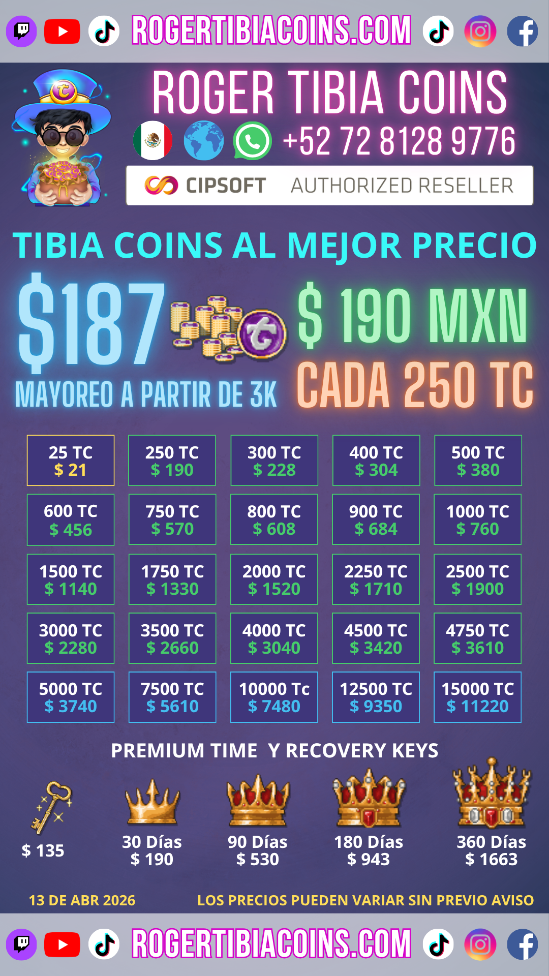 PRECIOS ROGER TIBIA COINS